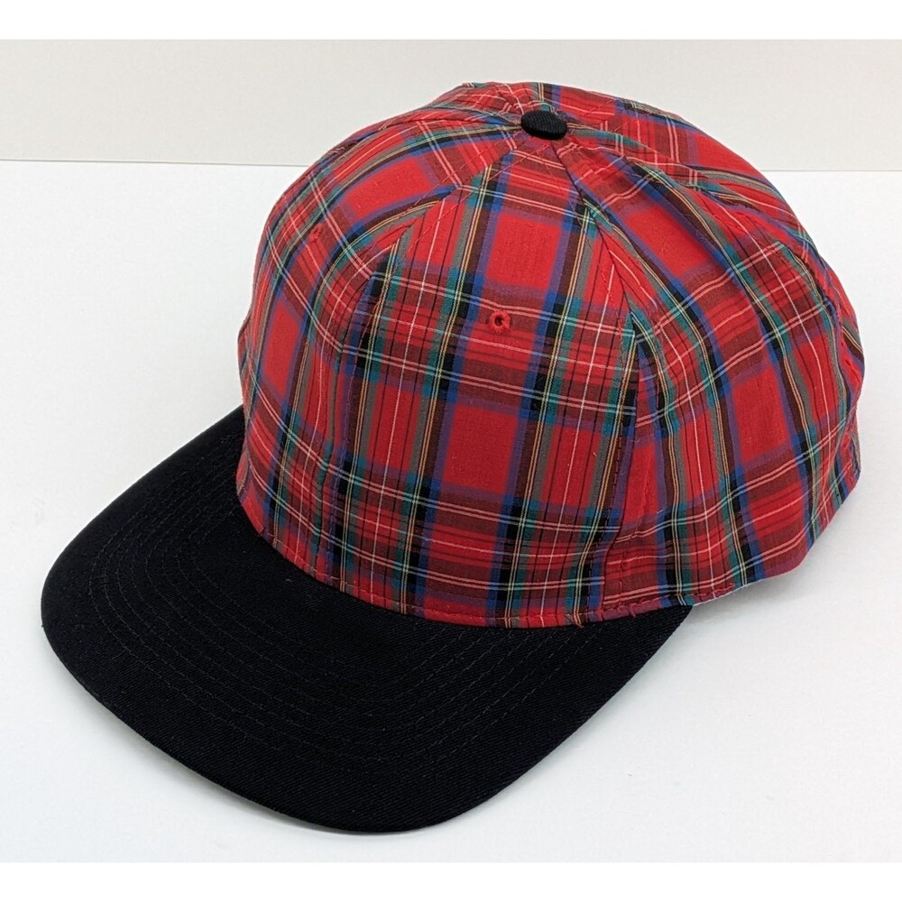 Vintage KC Red Tartan Plaid Snapback Hat Black Brim Green Underbill Blank